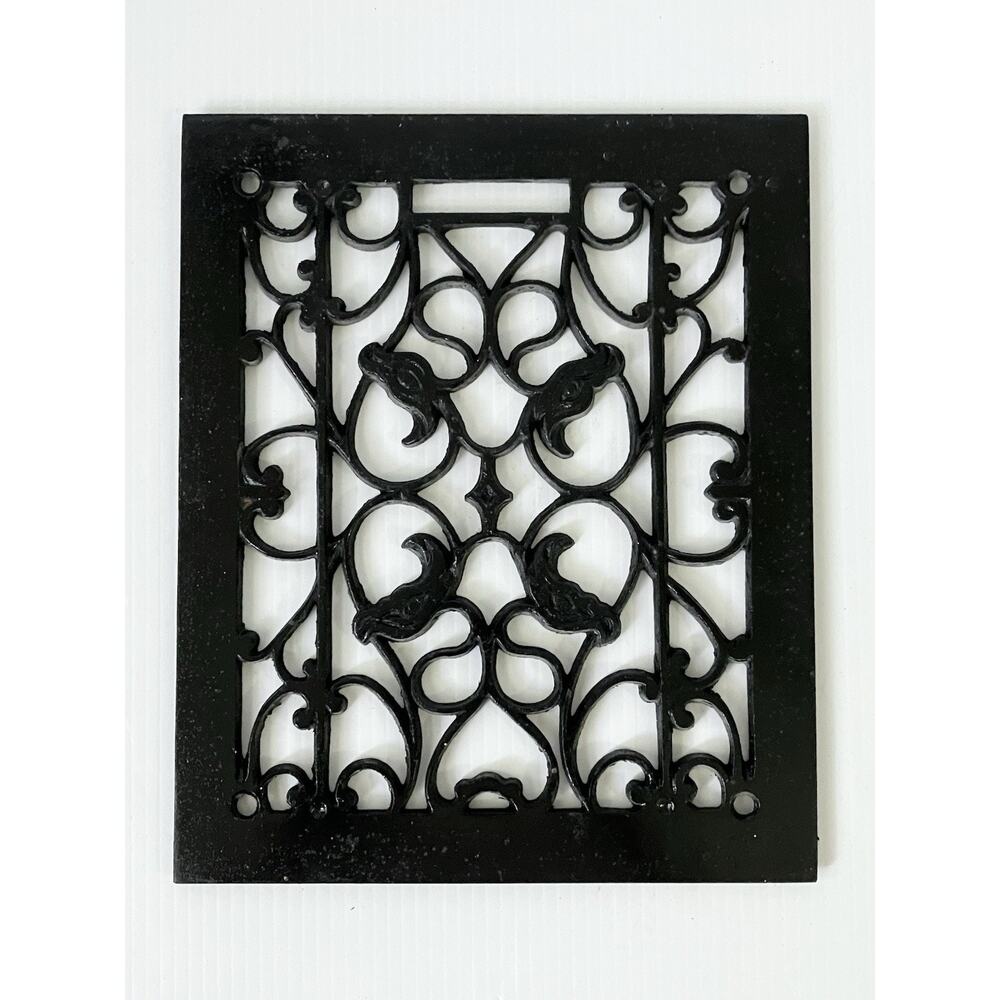 Antique Cast Iron Floor Vent Grate Cover 10”Ornate Black Victorian Scroll & Bird